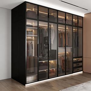 Armoire moderne avec cadre en métal noir, portes coulissantes en verre givré MDF, LED, tiroirs spacieux, tringles de suspension, étagères, élégante pour chambre à coucher - Product Image 3