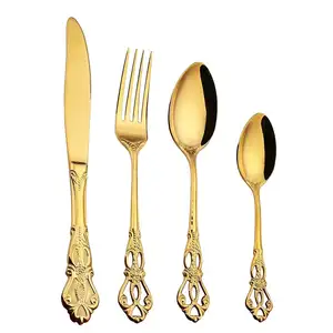 Retro 304 Flatware gương đám cưới phục vụ thanh lịch Vàng Hoàng Gia dao kéo Baroque Set