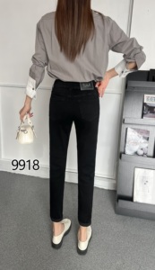 <span class=keywords><strong>Jean</strong></span> en denim extensible noir <span class=keywords><strong>taille</strong></span> haute pour <span class=keywords><strong>femme</strong></span>, coupe courte, anti-plis, style streetwear décontracté, pour silhouettes généreuses, avec logo personnalisable - Product Image 3