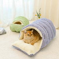 Lit pour chat en feutre à carreaux chaud d'hiver PKY, niche pour petit chien, sac de couchage universel pour animaux de compagnie