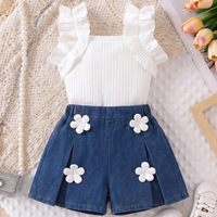 Europese en Amerikaanse mode geruite top + 3D bloemen gewassen jeans shorts meisjes kledingset voor de zomer