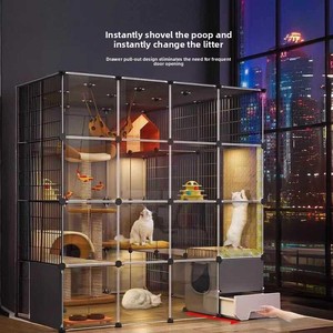 Cage pour chat Luf en acier inoxydable, style villa, super grande, espace ouvert intérieur, avec design tout-en-un, bac à litière et structure d'escalade - Product Image 5