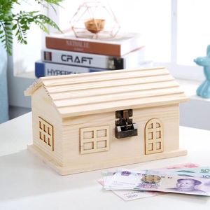 Wooden House Piggy Bank With Lock Small Size Desktop <b>Ornament</b> Gift Box For Children Money Storage - Product Image 1