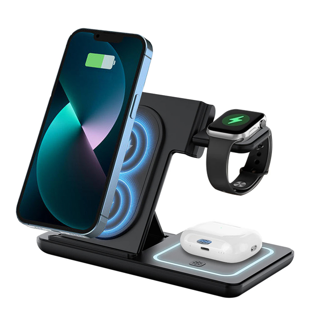 2026 Hotsale Custom Logo Wireless Charging Station 3-in-1 Foldable Stand QC3.0 Fast Charger /iWatch/ Type-C Port