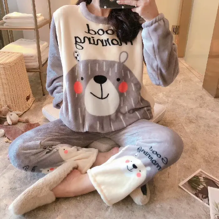 2022 Cute Animal Female Homewear Women Pajama Sets Autumn Winter Pajamas Flannel Cartoon Thick Warm Women Sleepwear