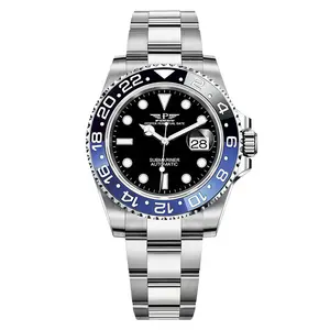 Pindu Men GMT Bezel Design Luxury Classic Wristwatch Stainless Steel Bracelet Date Automatic Mechanical Watch