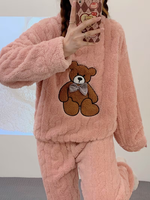 Pyjama d'hiver thermique en flanelle pour femme, 100 % polyester 220g, uni, ODM, avec cordon de serrage, col lisse, tricot doux, motif animalier de dessin animé