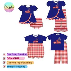 Fashion Design <strong>Patriotic</strong> Custom <strong>Short</strong> Sleeve Sets Plaid Ruffle <strong>Shorts</strong> Embroidery Baby Girls Rompers Wholesale - Product Image 4