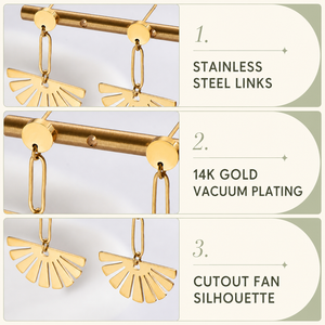Boucles d'oreilles pendantes géométriques en acier inoxydable plaqué or 14 carats, motif éventail découpé - Product Image 3
