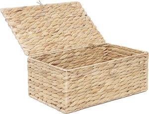 Water Hyacinth Basket with Lid Natural Handmade Woven Organizer Rustic Eco-Friendly <b>Collapsible</b> Water Hyacinth <b>Storage</b> Box - Product Image 1