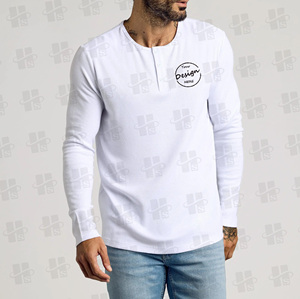 Custom Print Logo Waffle <strong>Tshirt</strong> Embroidered Plain 95% Cotton 5% Spandex Long Sleeve Knitted <strong>Henley</strong> Crewneck T Shirt for Men - Product Image 5