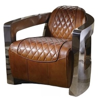 Canapé de style aviateur rétro haut de gamme avec structure en acier inoxydable brillant et cuir vintage pour salon et chambre à coucher