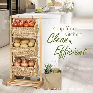 Wooden Floor <b>Standing</b> Three Tier Storage Basket Rack For Kitchen Fruits <b>Vegetables</b> Multi Purpose Snack Organizer - Product Image 1