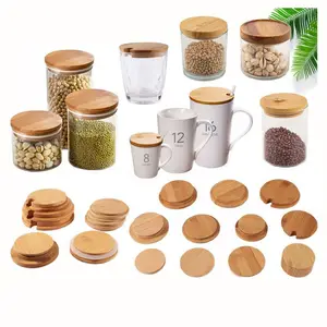 Custom Natuurlijke Houten Bamboe Opslag Inblikken Pot Deksels Bamboe Brede Mond Mason Jar Koffie Mok Thee Glas Cup Deksels