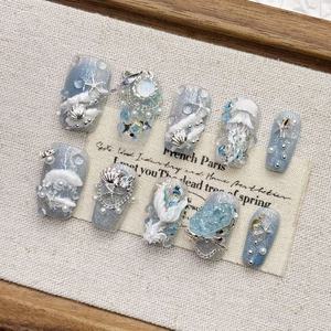 <span class=keywords><strong>Faux</strong></span> <span class=keywords><strong>ongles</strong></span> faits à la main, design 3D sirène océanique et méduse, avec perles, coquillages et paillettes, luxe, pour femmes - Product Image 2