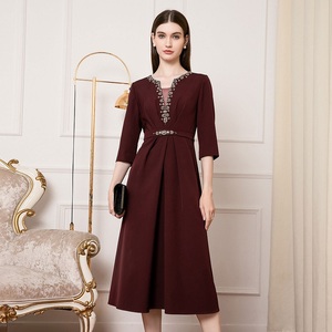 Taglie forti abito da donna 2025 primavera sposa madre elegante scollo a V con perline a manica 3/4 abito da caffè rosso Midi Cocktail Party - Product Image 6