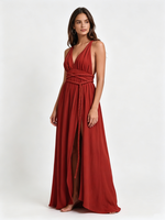Robe de soirée longue pour femme, design personnalisé OEM, col en V profond, taille à corde tressée, fente latérale, coupe trapèze, pour soirée formelle