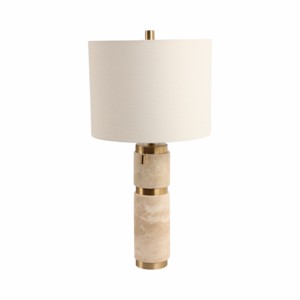 Lampada da tavolo moderna con base in travertino e paralume in tessuto a tamburo per camera da letto e soggiorno, elemento decorativo. - Product Image 3