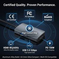 Adaptador USB C HDTV 3 en 1 4K 60Hz PD100W Carga Rápida USB3.0 5Gbps Ultra Delgado 63mm Estación de Acoplamiento Portátil de Aluminio para Laptop