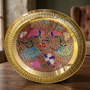 Assiette décorative orientale faite à la main, ronde, en métal, peinte à la main, motif floral d'oiseaux, cadre doré, cadeau artistique - Product Image 5
