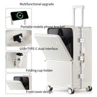Valise cabine à ouverture frontale en ABS et PC avec cadre en aluminium, roues multidirectionnelles, support téléphone USB Type-C et porte-gobelet pour le voyage