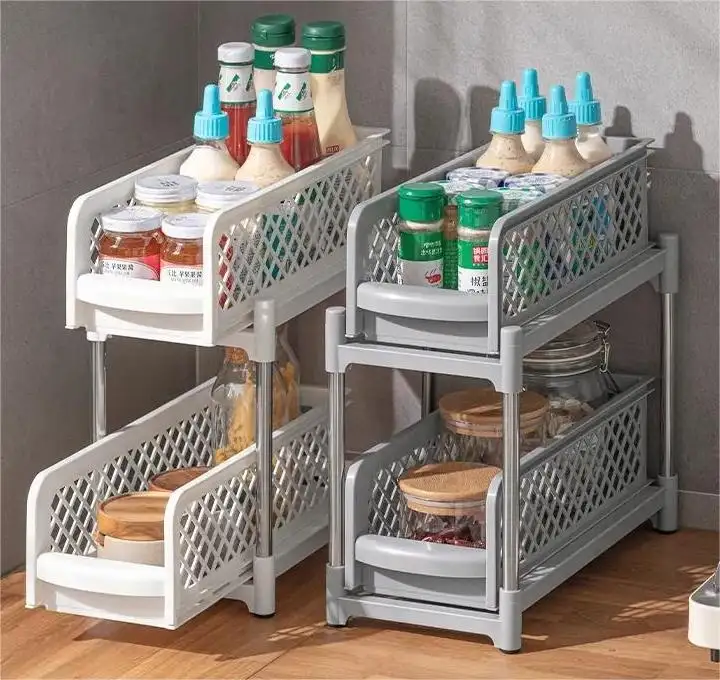 Organisateur d'armoire de cuisine et salle de bain en plastique à 2 niveaux, avec tiroir coulissant et roues, support de rangement de garde-manger