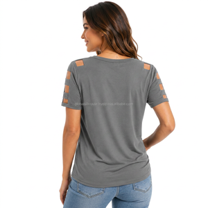 Camiseta de punto casual para mujer, gris, con cuello en V, manga corta, diseño de hombros ahuecados, ajuste holgado, para primavera y verano - Product Image 2