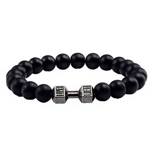 Bracelets en alliage Jaunty avec perles d'onyx noir et breloque haltère en argent antique, style unisexe tendance, cadeau d'anniversaire, bijoux - Product Image 3