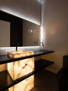 Table de vanité moderne de luxe en jade-agat, dalles polies translucides, lavabos de salle de bain pour tables d'île tendances, villas, bureau de maquillage - Product Image 2