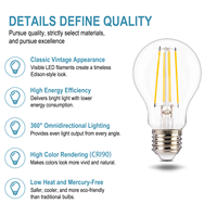 Ampoules LED en verre A19 E26, blanc chaud doux, dimmables, 8W, 2700K, CRI élevé Ra90, 15000 heures, pour café, restaurant, chambre à coucher