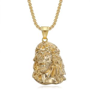 yunnique <b>Titanium</b> Steel Gold Jesus Face Pendant Necklace 3mm <b>Chain</b> 60cm Unisex Hip Hop Jewelry Gift - Product Image 5