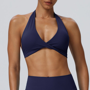 Women Halter Twist Front Deep V Sports Bra Removable Padded Backless Low Impact Yoga Bra Pilates Athletic Crop Top Wholesale - Product Image 5