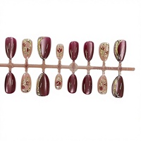 30 faux ongles en ABS, couleur rouge et violet, effet œil de chat, forme amande courte, haute qualité, à presser, couvrance totale