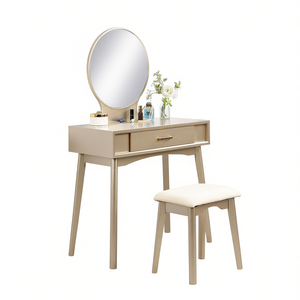 Set Toeletta Contemporanea in Legno Maly con Sgabello, Scrivania Trucco per Camera da Letto con Specchio Regolabile e Vano Portaoggetti Dorato - Product Image 1