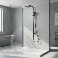 Système de douche noir Watermark Wels, robinet de douche mural 4 fonctions avec pommeau de douche pluie et douchette à main