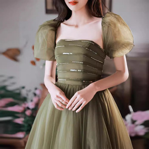 Ethereal Green Evening Gown Square Collar Puff Sleeve Vintage Formal Dress Empire Waist Long Ball Gown Forest Style - Product Image 3