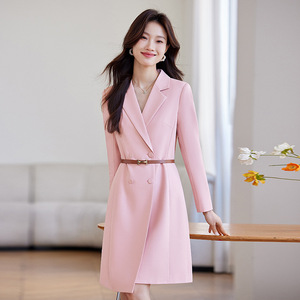 Pink Long Sleeve Dress For Women With Belt Office Wear Elegant Casual Style Natural Waistline Peak Lapels Buttons Breathable - Product Image 1
