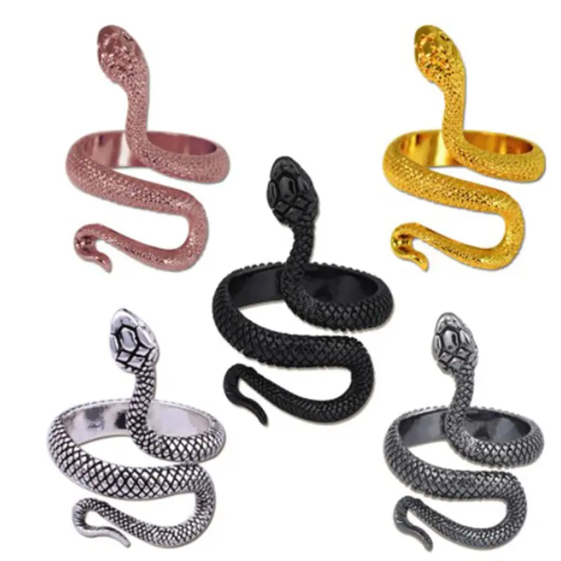 Anéis ajustáveis por atacado criativo Hot Sale Exquisite Gothic Silver-plated Esculpido Grão Snake Ring para Unisex