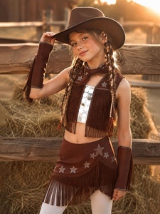 Ensemble de costume de danse western pour filles de 6 à 16 ans : chapeau de cowboy latin, bandana, gilet à franges, jupe, étoile en strass – Personnalisable - Product Image 3