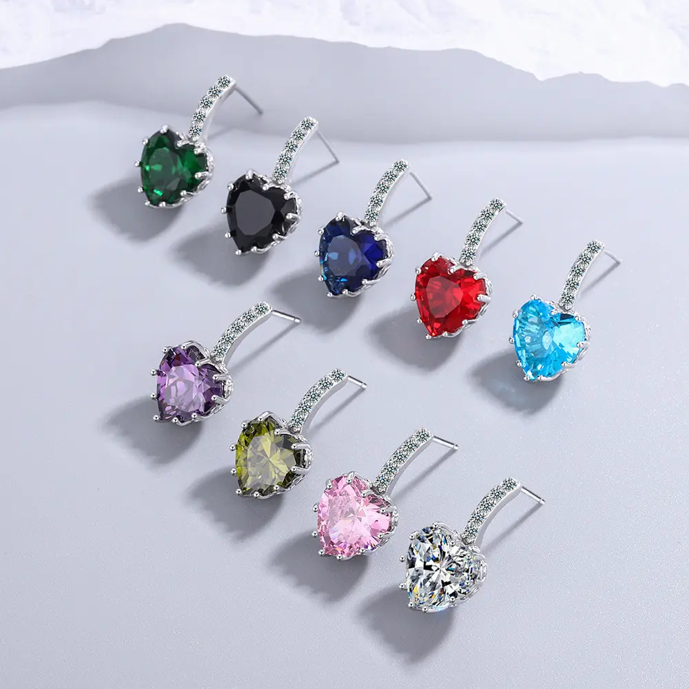 Korean Style Various Colors Heart CZ Gemstone Silver Plated Earrings Earring Jewelry Stud Copper Alloy Fashion Jewelry