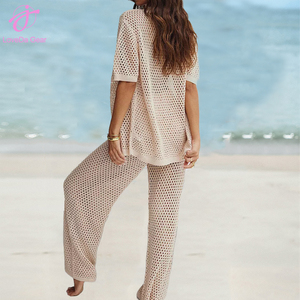 Loveda Wholesale Women <strong>Summer</strong> Solid Color Sexy Beach Hollow Trousers Short Sleeve Shirt Set - Product Image 3