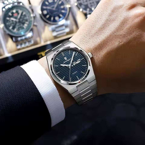 POEDAGAR 821 メンズクォーツ腕時計 40mm ブルーグリッドダイヤル ステンレススチールバンド ハードレックスガラス 3ATM防水 曜日日付表示 ビジネス向け男性用 - Product Image 3