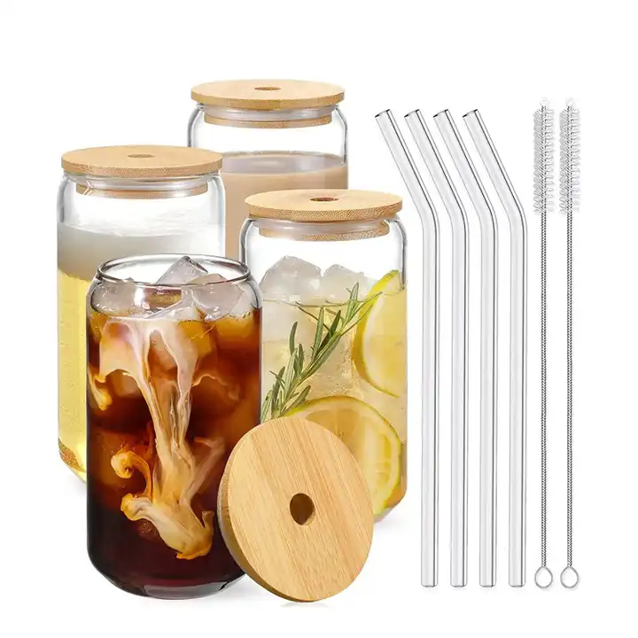 Source Wholesale Cold Drinking Glass Tumbler Cups 400ml Juice Glasses 4  Sets Bulk with Lids and Straw for Beverage Gift on m.
