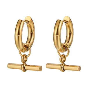 Boucles d'oreilles Huggie en forme de barre en T, en plaqué or 18k, en acier inoxydable, à Clip pour fête, vente en gros