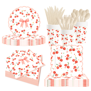 DAMAI Nuevo Diseño con Temática de Frutas, Juego de Vajilla Desechable de Papel para Fiesta de Cumpleaños Rosa, con Platos, Servilletas y Vasos, con Nudo y Cereza - Product Image 2