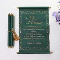 Cartes d'invitation personnalisées classiques vert foncé avec feuille d'or, texte enroulé, pompon et boîte en papier pour mariage et anniversaire, 2025