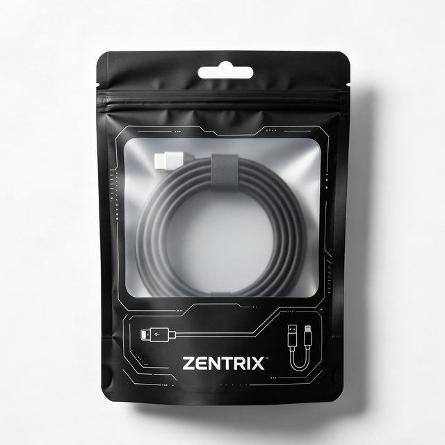 Custom Logo Stand up Pouch Data Cable Packaging Resealable Round Hang Hole Plastic Bag with Clear Window