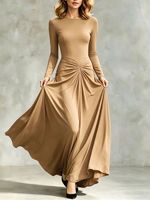 Robe longue de soirée formelle pour femme à manches longues, col rond, taille torsadée, froncée devant, coupe évasée fluide