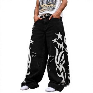 Jean droit déchiré noir pour homme, coupe classique, avec fermetures éclair, respirant, écologique, 100 % coton, style Hip Hop - Product Image 1
