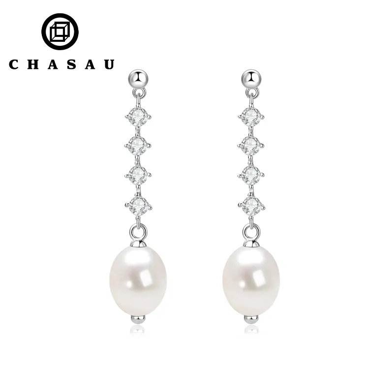 Joyería nupcial de lujo 925 plata esterlina circón brillante joyería de boda elegante perla natural pendiente de gota larga para mujer